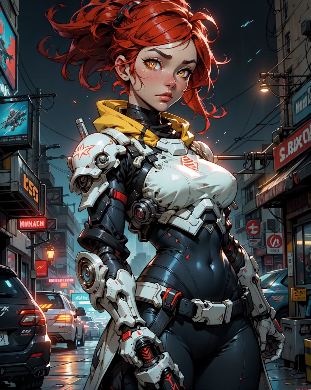 [ grimes in medieval cyberpunk armor ]! holding a [ sword in her hand ]! looking out into the [ futuristic cyberpunk city ]!, digital art! style, trending on [ artstation ]!, 4 k, cgsociety contest winner, award winning, neon! lighting, neon subsurface scattering!!, intricate, detailed, volumetric lighting!, face the viewer,colorful armor, splash art, white skin, with sword,red hair, yellow eyes, night life, holding a sword, 