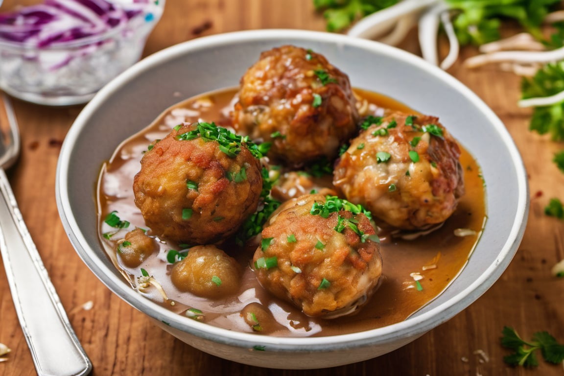 fish meatballs in a bowl with a little gravy and a sprinkling of fried onions