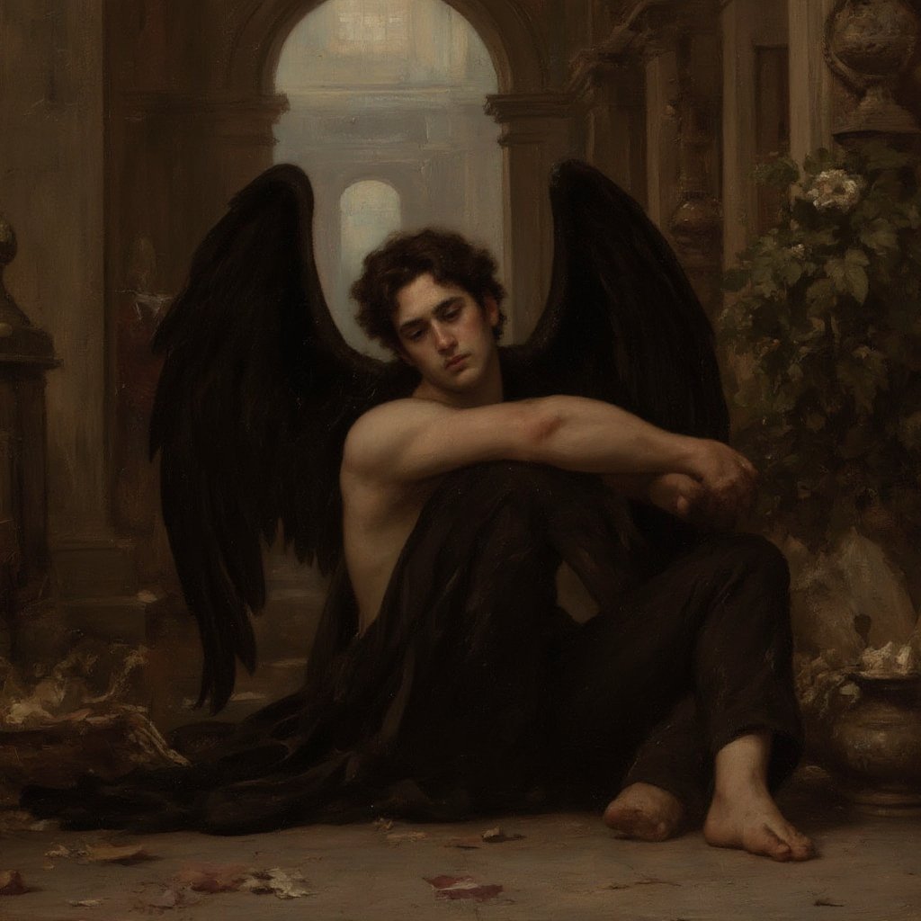 Classical-style painting featuring a somber, dark-haired male figure with fair skin, sitting with his arms crossed over his knees. He is dressed in dark, leather-like attire and has large, black wings. The setting is an ornate, ancient architectural structure with a grand archway in the background, partially illuminated by a soft, diffused light. Surrounding the figure are various statues, flowers, and fallen leaves, adding to the melancholic atmosphere. The overall color palette is dark and muted, with rich browns, blacks, and hints of gold.