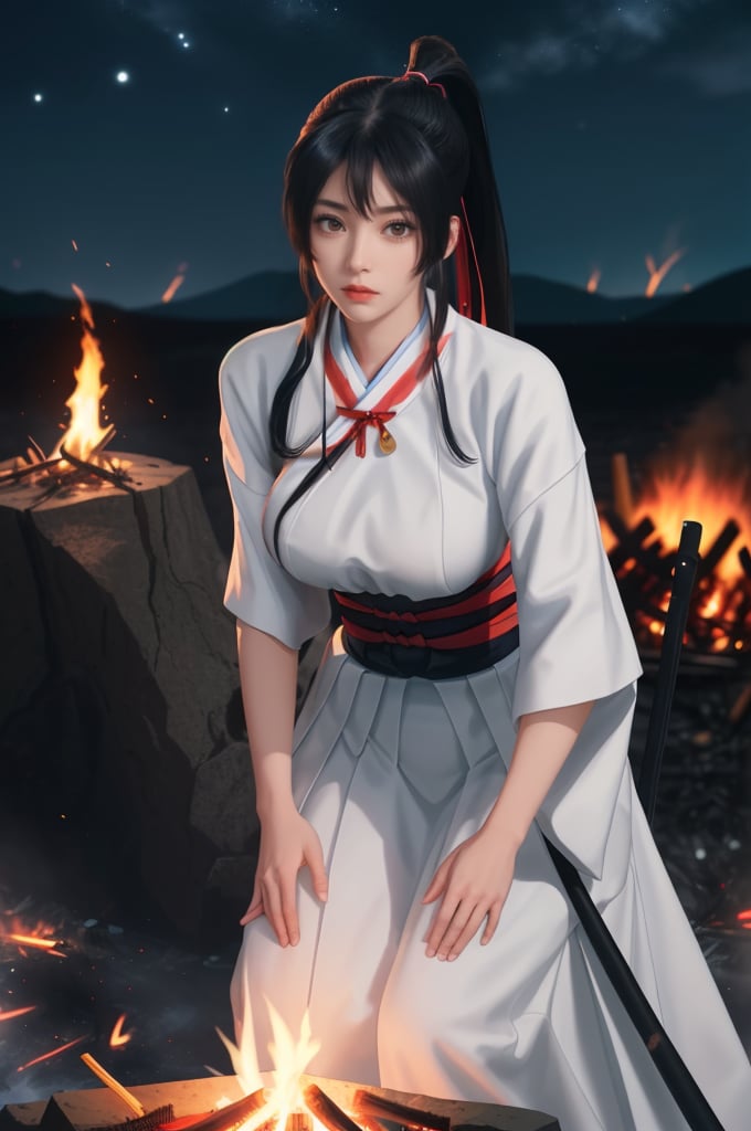 Beautifull girl, long black hair, bangs and ponytails, white samurai dress, black-eyes, sagiri , big_boobies ,busty , night , bonfire , leaning against a rock , colorfull,sagiri ,sagiri