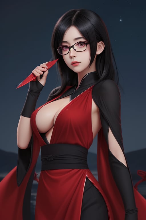 Beautifull girl, medium black hair, red ninja dress, half body image, black-eyes, night, kunai , medium_boobies, glasses