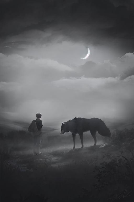 Boy and a wolf looking at each other, dark_atmosphere:;3, black_clouds, fog::2, moon