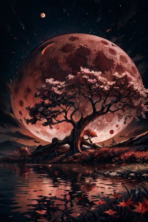 Tree and a blood moon, Reflective water, red_moon::3, red leaf tree, dark atmosphere, black clouds,earth \(planet\)