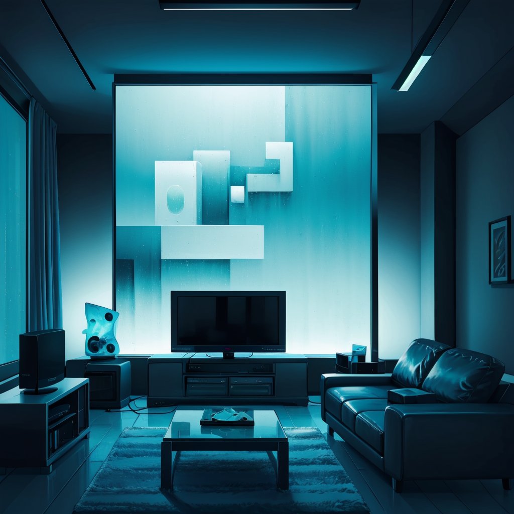 Modern_Living_Room::3, abstract paintings on wall::2, white_carpet on floor, one_television_screen::2, modern_sleek couches::3, neon_lights::3, designer_ceilings::3