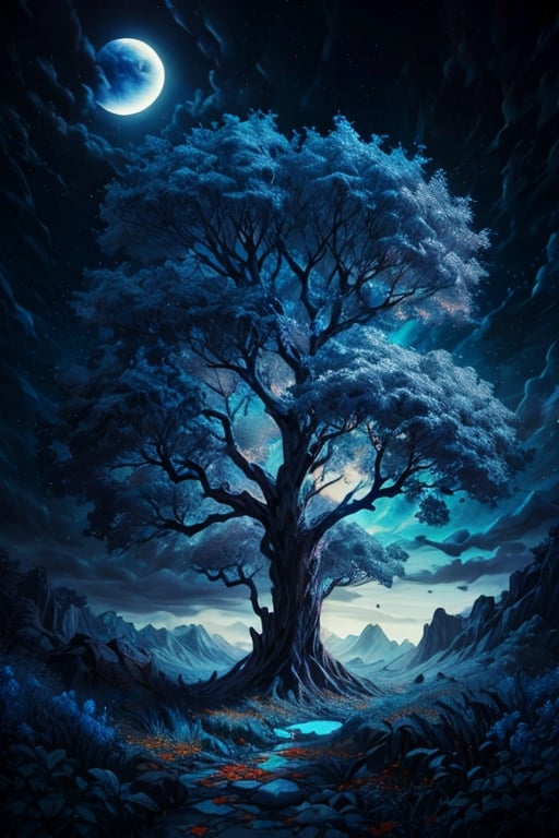 Tree with blue leaves in the night sky, Blue Leaf Tree, Night sky, dark_atmosphere::3, dark_clouds::2