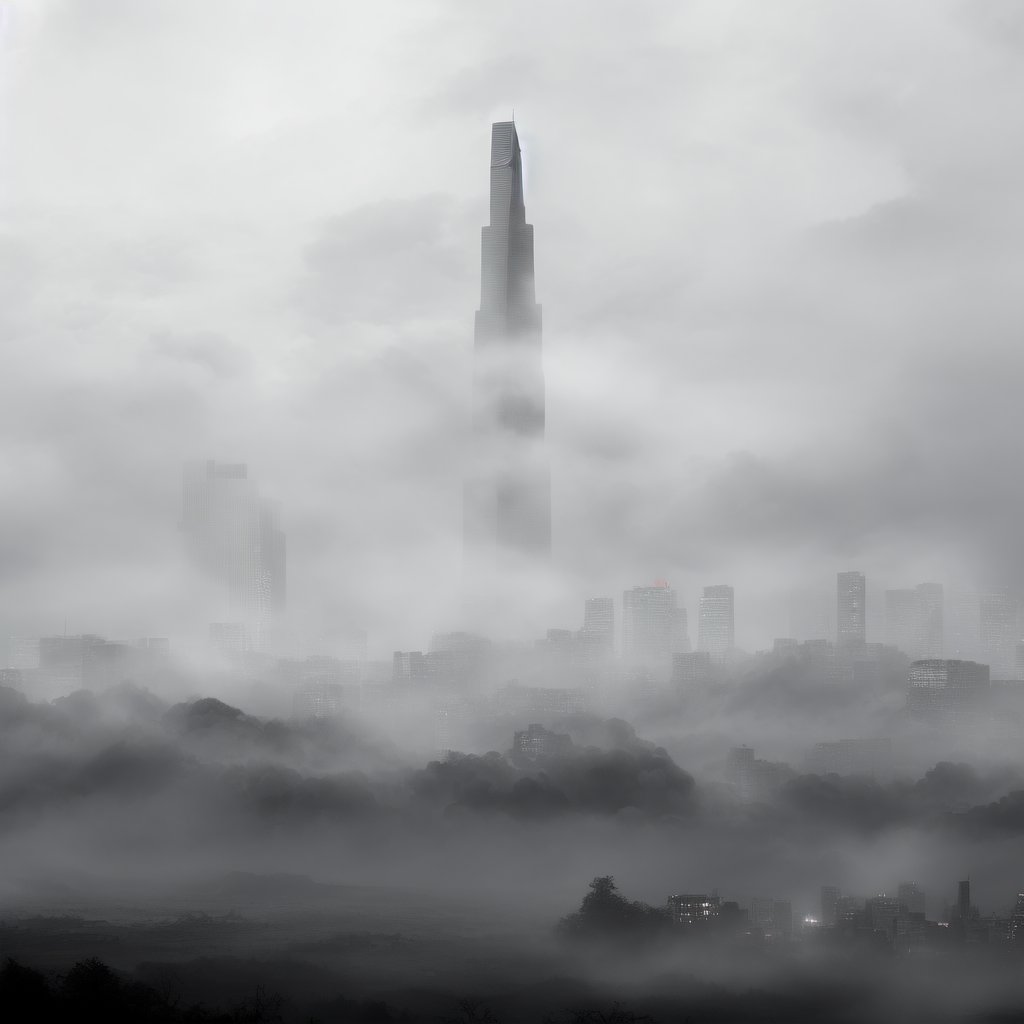 Tall skyscraper in the midst of heavy clouds, dark atmosphere, extremely foggy, heavy clouds, heavy rain, black and white