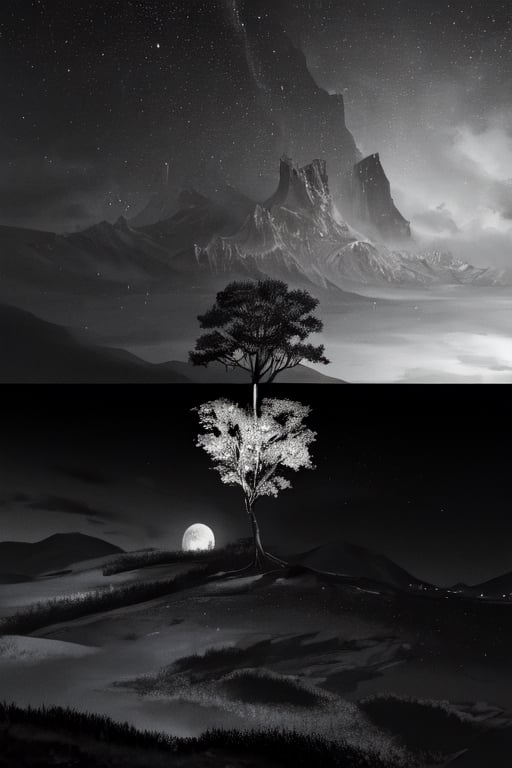 Black and white themed trees vertically opposite to each other, dark_atmosphere