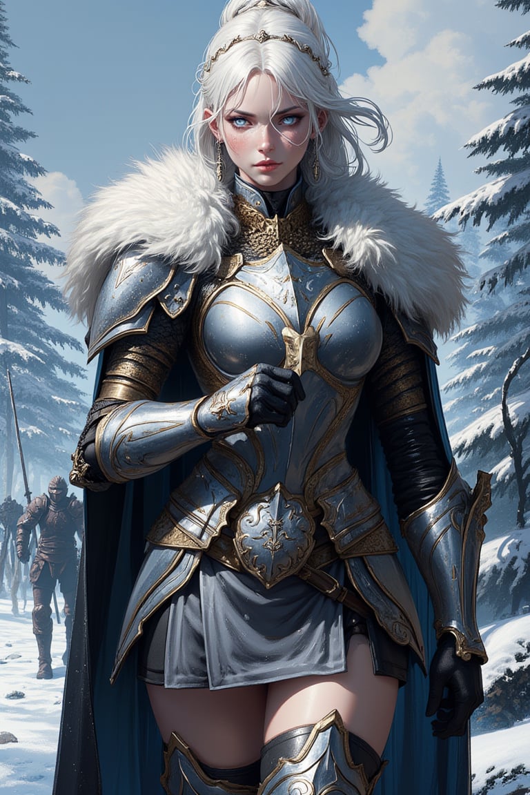 1 girl, blush, closed mouth, shaded face, (armor), realistic, general, gauntlets, a large sword, fur trimmed cape, real art, (masterpiece), (best quality), highres, 8k, (realistic, photo-realistic),naturalness, ultra detailed, physically-based rendering, beauty, detailed beautiful eyes and detailed face, huge breasts,wide hips, thick thighs, delicate facial features, Blunt bangs, an expressionless face,  Glamor body type, flim grain, perfect dynamic composition, beautiful detailed eyes,(long legs), FilmGirl, (best body proportions, best anatomy),snow,simple background,snow background