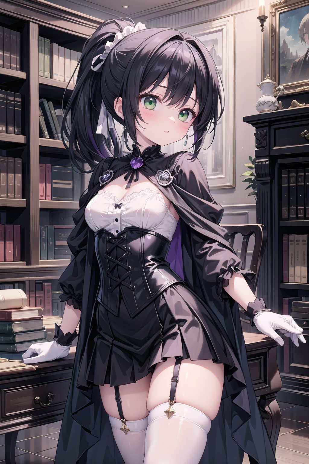 (masterpiece),1 girl with black hair, medium hair, ponytail hairstyle, purple hairband, green eyes, black collar, amethyst jewelry, dark shawl, white shirt, black corset, white silk gloves, dark narrow skirt, short skirt, leg rings, Dark stockings, white boots, Victorian style, study, bookcase