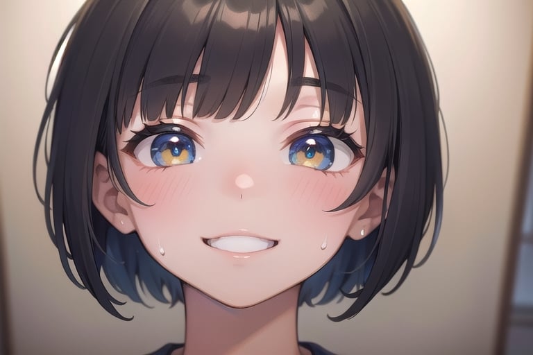 (8k, best quality, masterpiece, ultra high res, highly detail face:1.3), portrait, (20 years old girl:1.3), beautiful, kawaii, (very wide shot :1.2), (short hair :1.3), dark hair, ((bob)), clothes, from front, (smile :1.2), sweat , (morning:1.3), on the bed, jmf, jml,