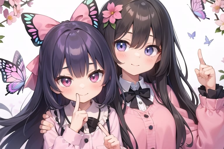 two girls, long hair, big eyes, dimples, pink clothes, flower pattern, bow, cute expression, pink butterfly bow, kawaii,middle finger,yaemikodef