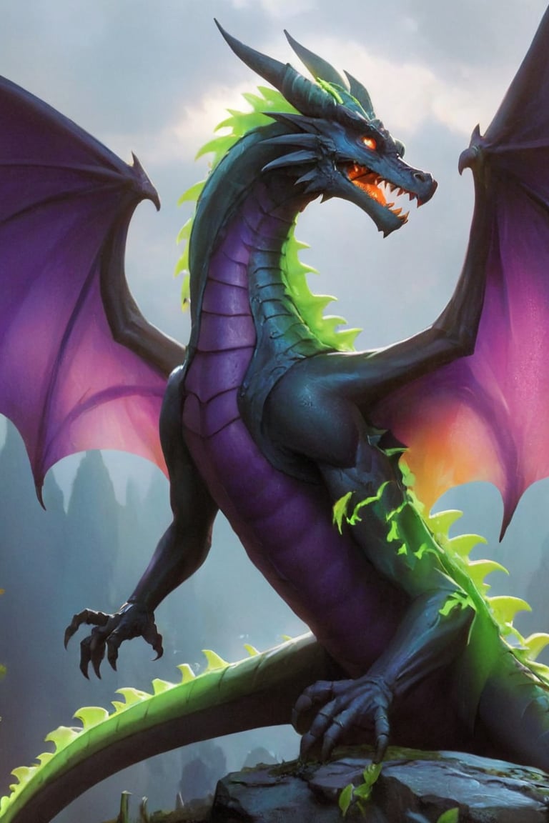 dragon, zombie, necrotic scales, black, purple, neon green, ominous glow, glowing, ghostly fire-colored eyes, wings with patterns reminiscent of interlocking computer codes, bone fragments protruding from wings, eerie aura, glowing runes like lines of programming, sharp claws, spectral hue, ethereal radiance