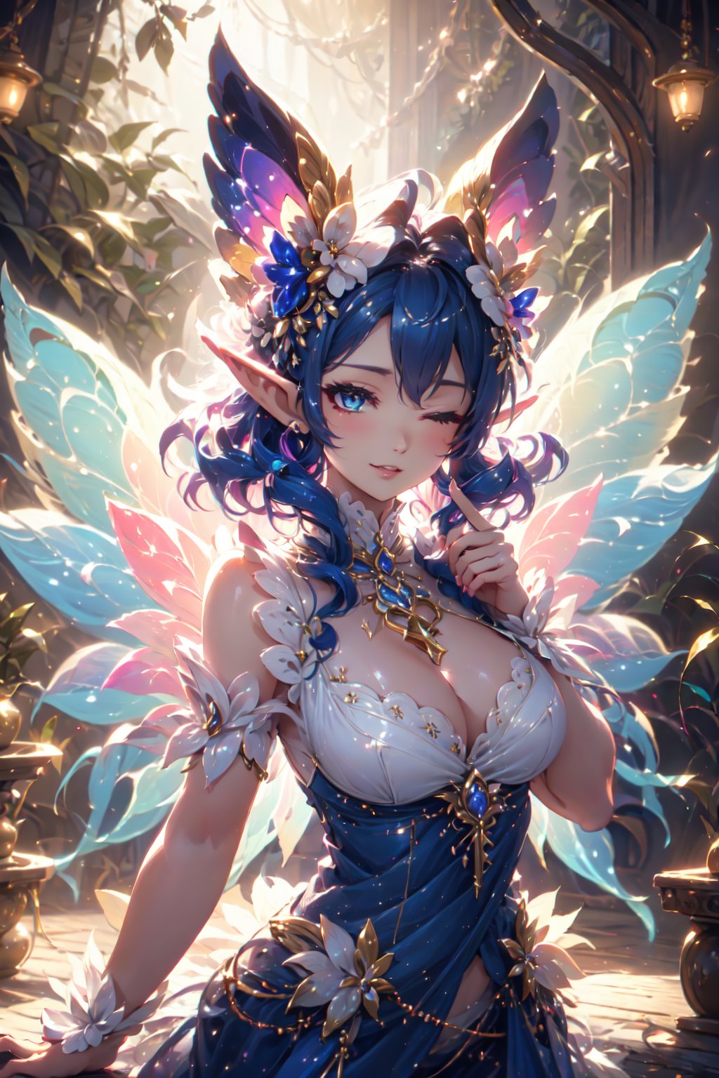 dark elf, fairy, butterfly_wings, gem, vibrant colors, (((bride))), short neck, looking_at_viewer , facing front, one eye closed, winking, finger on the lip,light smile,night, soft lighting, Detailedface, (portrait:1.2), GlowingRunes_blue, full body, big boobs, slim waist, beautiful face, beautiful nose, beautiful eyes, hyper-detailed, detailed reflection light, 64k volumetric lighting maximalist photo illustration, intricately detailed complex high-resolution, key visual, precise lineart, vibrant, panoramic, cinematic, masterfully crafted, 64k resolution, beautiful, stunning, ultra-detailed, expressive, hypermaximal, colorful, deep rich color, vintage concert promo poster, glamour, anime art, fantasy art, brush strokes,, 16k, UHD, HDR,(masterpiece:1.5), Nonsense, (best quality:1.5) ),