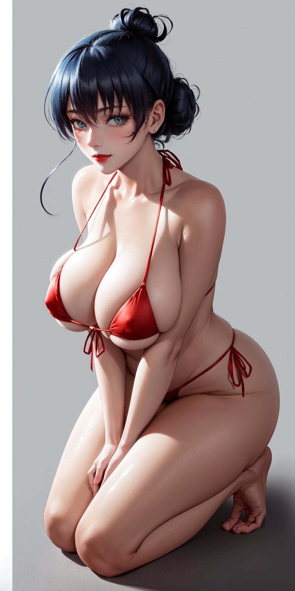 (masterpiece, best quality, high-res:1.5), (ultra-detailed), (solo:1.5),light makeup, (huge breasts:1.0), mature female, seductive, elegant,sexy,beautiful legs, perfect body, beautiful woman, (beautiful detailed face:1.2), (beautiful detailed eyes),(intricate detailed:1.2), (perfect detailed breasts:1.2), perfect hands, detailed fingers, asagi,blue hair, long hair, bangs, hair between eyes, green eyes, blue hair, (blank background:2.2),(seductive smile),(rim light:1.2),(facing_viewer:1.5),(front_view:1.5),(seiza:1.5),(full_shot:1.0),
(blush:1.1), (red lip:1.2), (Slightly_revealing_nipples:1.1), realistic skin, (hair tied up to updo hairstyle:1.3), (Tie hole hair into a high bun:1.4), (exposing ears:1.2),
(Red_micro_bikini:1.5), (Wear only bikini:1.3), (barefoot),