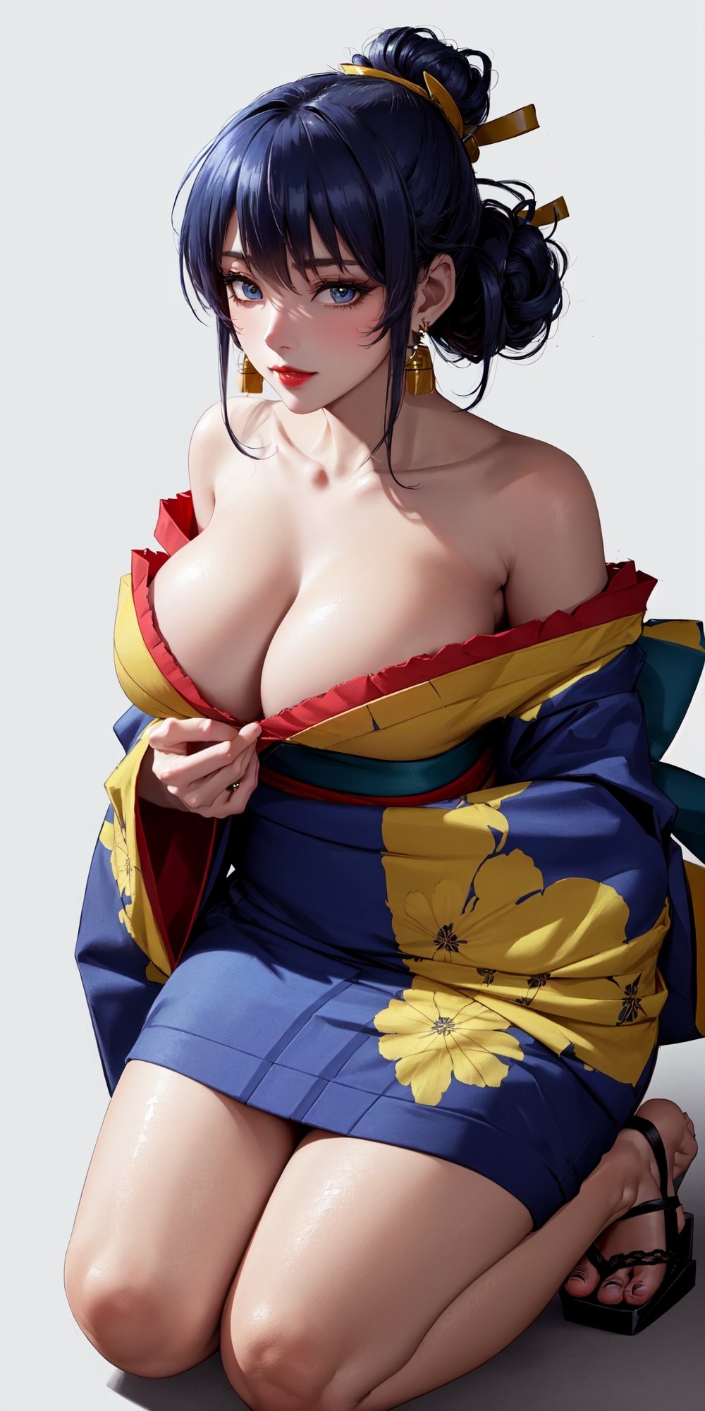 (masterpiece, best quality, high-res:1.5), (ultra-detailed), (solo:1.7),light makeup, (huge breasts:1.0), mature female, seductive, elegant,sexy,beautiful legs, perfect body, beautiful woman, (beautiful detailed face:1.2), (beautiful detailed eyes),(intricate detailed:1.2), (perfect detailed breasts:1.2), perfect hands, detailed fingers, asagi,blue hair, long hair, bangs, hair between eyes, green eyes, blue hair, (blank background:2.2),(seductive smile),(rim light:1.2),(kneeling:1.5),(facing_viewer:1.2),(front view:1.3),(full shot:1.2),(leaning forward:1.2),(seiza:1.2),(upper body:1.0),
(Red Sexy Mini Kimono Dress:1.7), (strapless:1.7), (Slightly revealing side-tie panty:1.5), (blush:1.2), (red lip:1.2), (cleavage:1.5), (Slightly revealing nipples), (off shoulder:1.6), fit, realistic skin, (narrow waist:1.2), (earrings), (hair tied up to updo hairstyle:1.5), (Gorgeous hair ornament), (formal zori), (Tie hole hair into a high bun:1.2), (exposing ears:1.2), (Short KIMONO:1.7), (very short hemline :1.6),