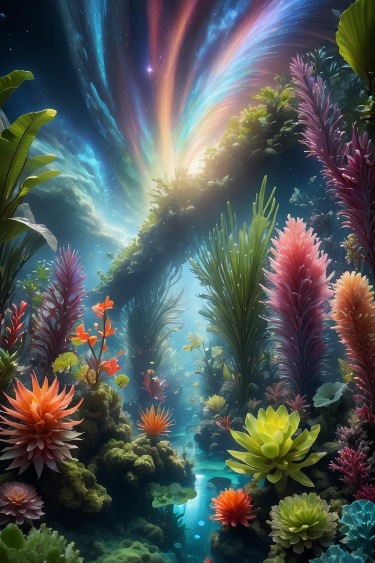 tropical,  aquatic_plants,  biodiversity,  ultra_wide_view,  outer_space,  galaxy,  beautiful,  vivid_color,  colorful,  high_definition,  8k,  sharp,  UHD,  detailed_cell,  (((High contrast))),  high_solution,  transparent,  scientific,  vitality,  glow_in_the_dark,  green,  blue_sky,  light_backgroud,  transparent_fur:1.4,  aurora