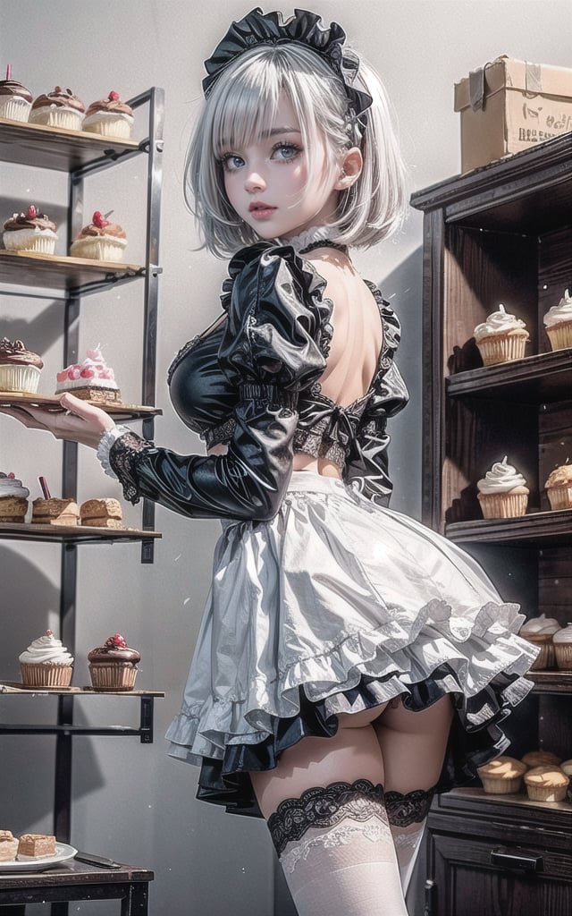 ((1 girl, adorable, happy)), ((maid, blue skirt, black thighhighs, maid apron, long sleeves, puffy sleeves, naked lace panties)), (hairband, white hair, short hair, blue eyes, makeup),naked (large breasts, large ass, thick thighs, wide hips, voloptuous), (sweet charm:1.3), pies, fresh baked bread, macarons, wooden shelves with cupcakes, bakery, shop, scenery, soft, cozy, glitter,