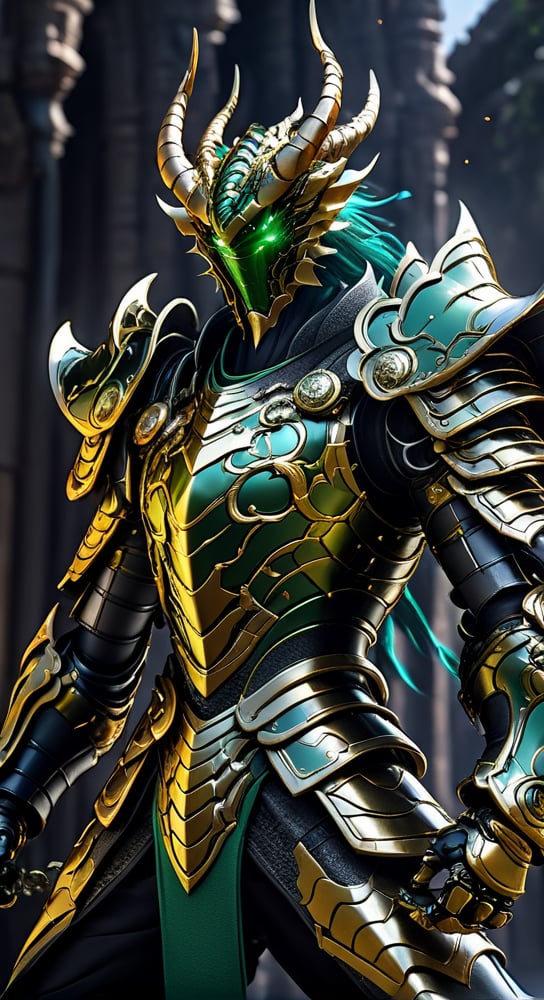 Shyriu character from Dragon  Knights of the Zodiac agile angry, powerful figure wearing futuristic black and GreenBronze Knights of the Zodiac armor and weapons, reflection mapping, realistic figure, hyper-detailed cinematic lighting photography, 32k uhd with a golden staff, lighting rgb in suit,
By: panchovilla,mecha