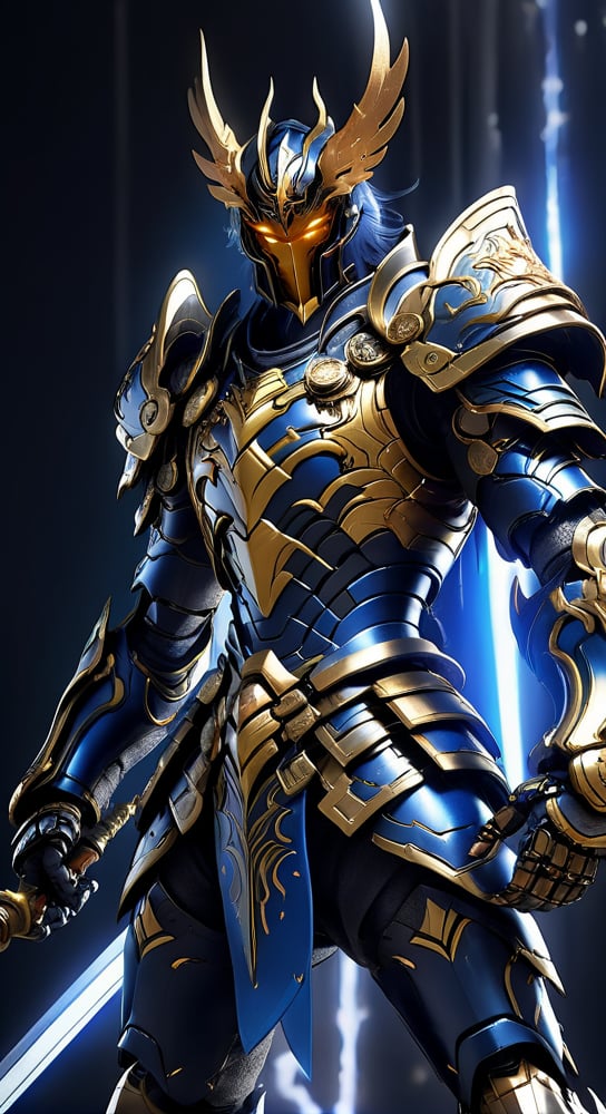 Ikky character from Fenix Knights of the Zodiac agile angry, powerful figure wearing futuristic black and Dark blue Bronze Knights of the Zodiac armor and weapons, reflection mapping, realistic figure, hyper-detailed cinematic lighting photography, 32k uhd with a golden staff, lighting rgb in suit,
By: panchovilla,mecha