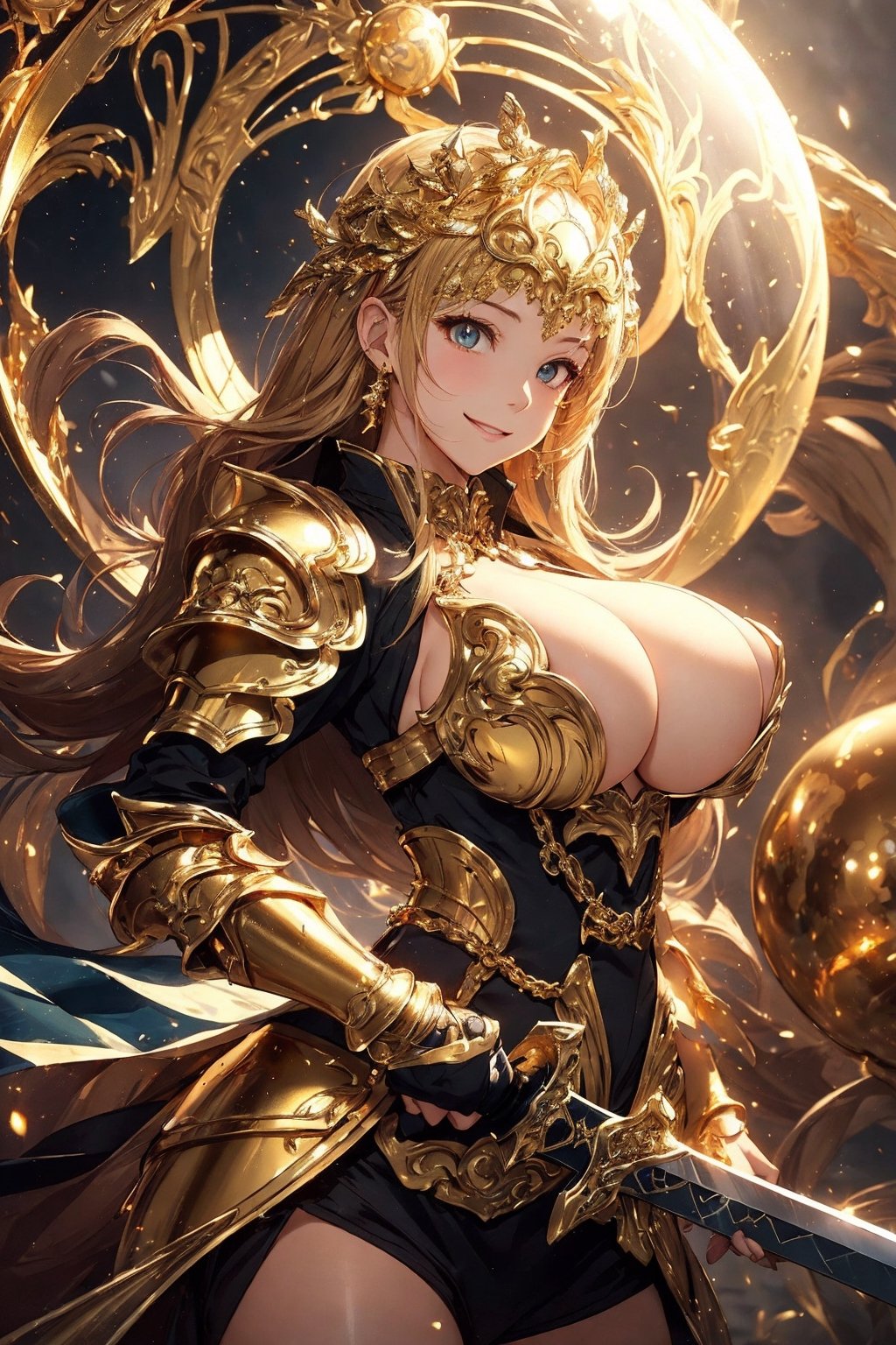 (masterpiece1.5),hyper quality, Hyper Detailed,Perfect drawing,1girl in,knights、Princess、adventurer、(((very Bigger breasts:1.2))),kawaii ,With smiling eyes,(((Beautiful armament in gold color))),(((Beautiful sword of golden color))),(((Luxurious armor))). (((Shiny giant golden sphere))),3D,16K illustrations,((clearface)),Hi-Res,nice background、Isekai Fantasy、(((beatiful backgrounds)))、(((Detailed drawing)))、Perfect Beautiful Girl、(((Perfect Photo)))、kirakira、shiny、illustrious、golden colored、gold、Golden Jade、Dazzling、Reflectors、a gorgeous、high-class sense、cowboy  shot、