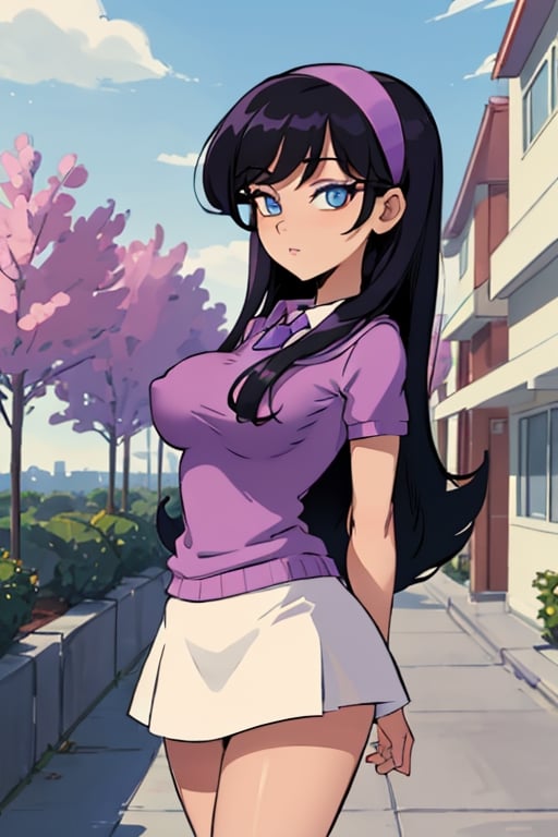 masterpiece, best quality, extremely detailed, HIGH QUALITY, perfect eye
s, looking at viewer, black hair, blue eyes, showing legs, purple hairband, , purple sweather, white skirt, arms behind back, school background, big boobs,trixie tang