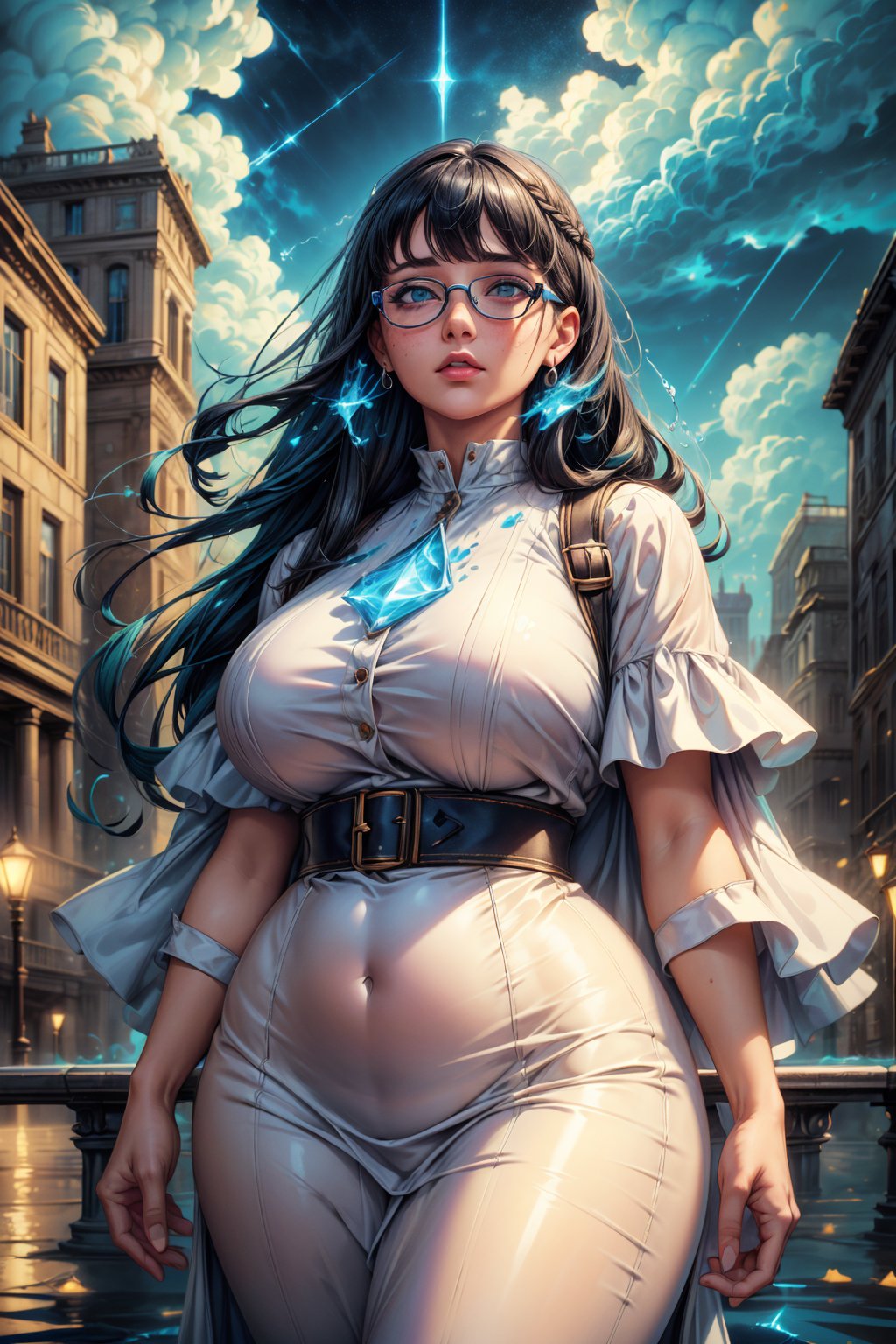 ((masterpiece)), (best quality), (cinematic), a chubby woman in a long white dress, close-up, puddles of water, woman with glasses, wide hips, long black hair, bangs, chubby, wide hips , light green eyes, freckles on cheeks, wind, detailed face, detailed body, gray and dark sky, glow, clouds, city lights, floating bubbles (cinematic, colorful), (extremely detailed), clouds, highly detailed face