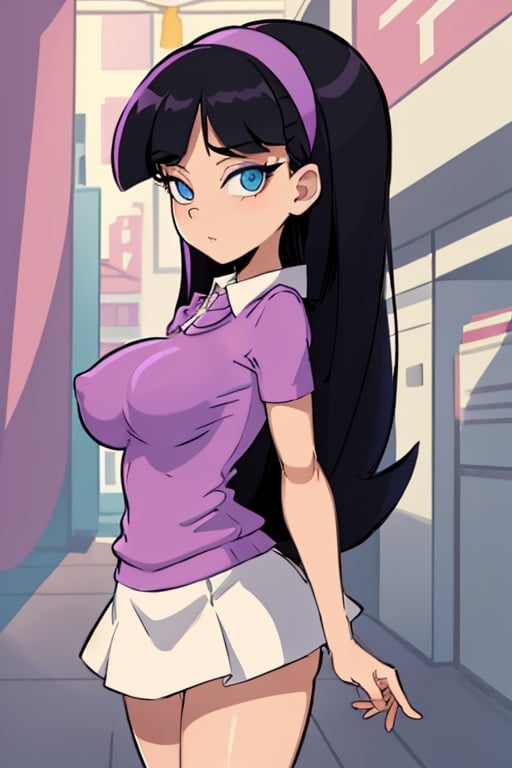masterpiece, best quality, extremely detailed, HIGH QUALITY, perfect eye
s, looking at viewer, black hair, blue eyes, showing legs, purple hairband, , purple sweather, white skirt, arms behind back, school background, big boobs,trixie tang