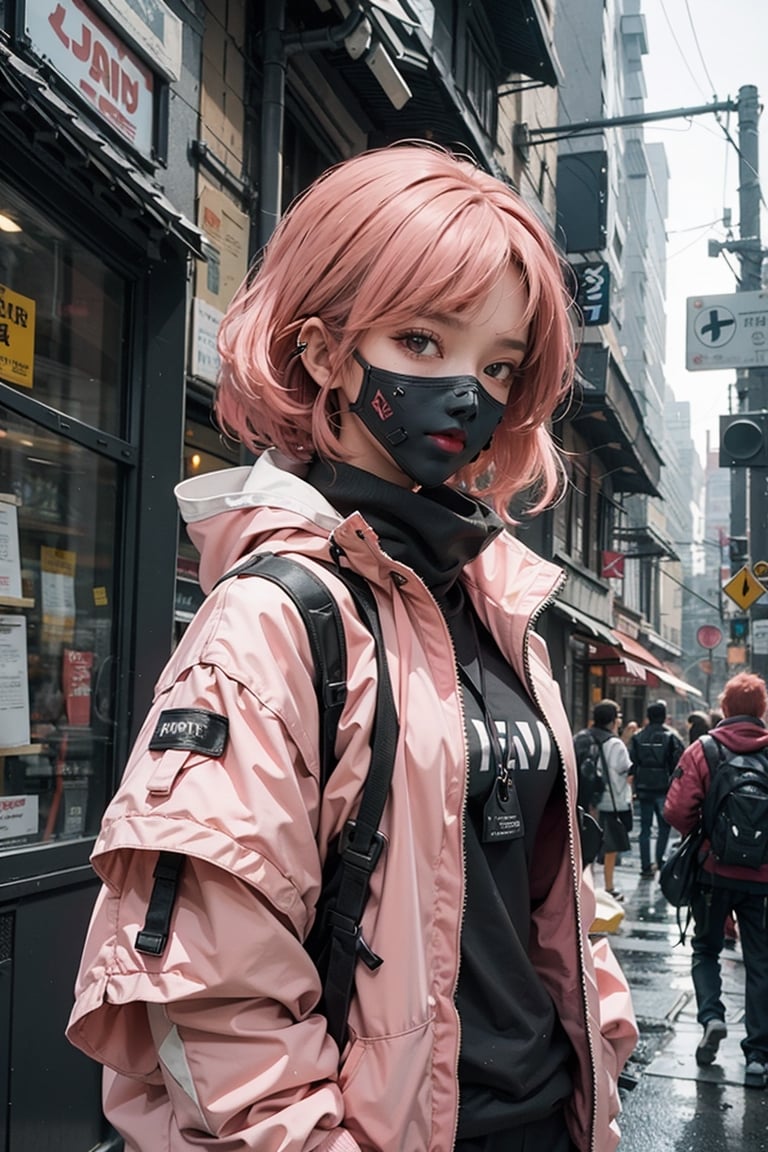 1girl,AgoonGirl ,Detailedface,outfit,Detailedeyes, , red hair,pink hair, urban techwear