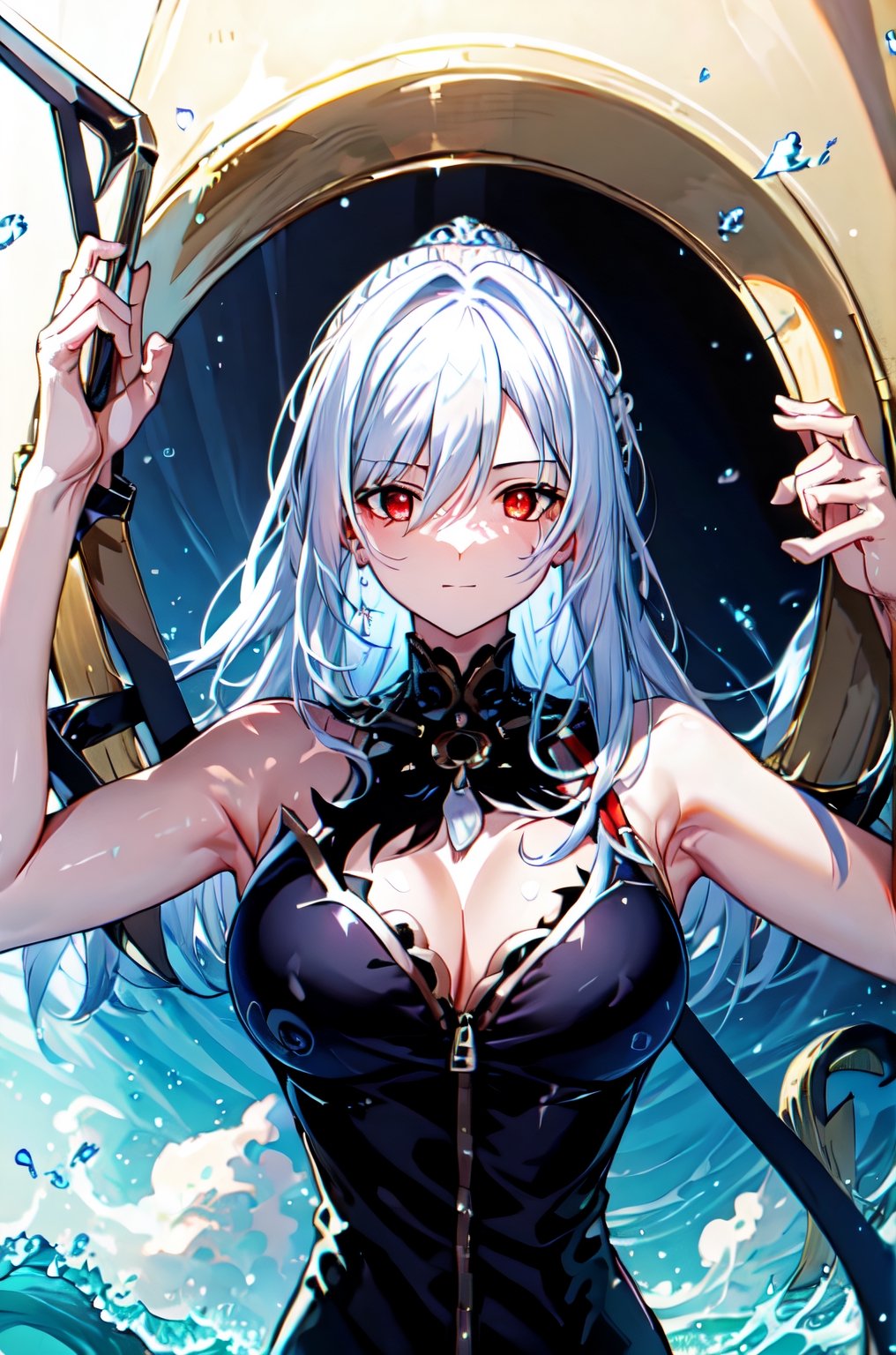 Super small black swimsuit, big breasts, looming, solo, cleavage, 1girl, upper body, highest quality, sea, black eyeband, holding a child with white hair and red eyes