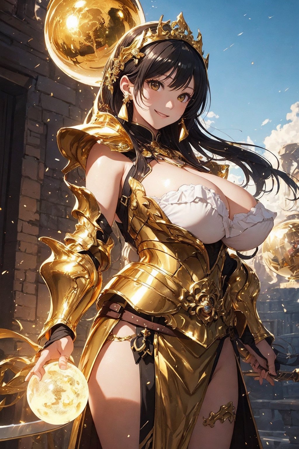 (masterpiece1.5),hyper quality, Hyper Detailed,Perfect drawing,1girl in,knights、Princess、adventurer、(((very Bigger breasts:1.2))),kawaii ,With smiling eyes,(((Beautiful armament in gold color))),(((Beautiful sword of golden color))),(((Luxurious armor))). (((Shiny giant golden sphere))),3D,16K illustrations,((clearface)),Hi-Res,nice background、Isekai Fantasy、(((beatiful backgrounds)))、(((Detailed drawing)))、Perfect Beautiful Girl、(((Perfect Photo)))、kirakira、shiny、illustrious、golden colored、gold、Golden Jade、Dazzling、Reflectors、a gorgeous、high-class sense、cowboy  shot、