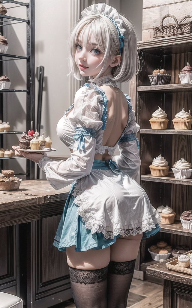 ((1 girl, adorable, happy)), nude ((maid, blue skirt, black thighhighs, maid apron, long sleeves, puffy sleeves, naked lace panties)), (hairband, white hair, short hair, blue eyes, makeup),naked (large breasts, large ass, thick thighs, wide hips, voloptuous), (sweet charm:1.3), pies, fresh baked bread, macarons, wooden shelves with cupcakes, bakery, shop, scenery, soft, cozy, glitter,