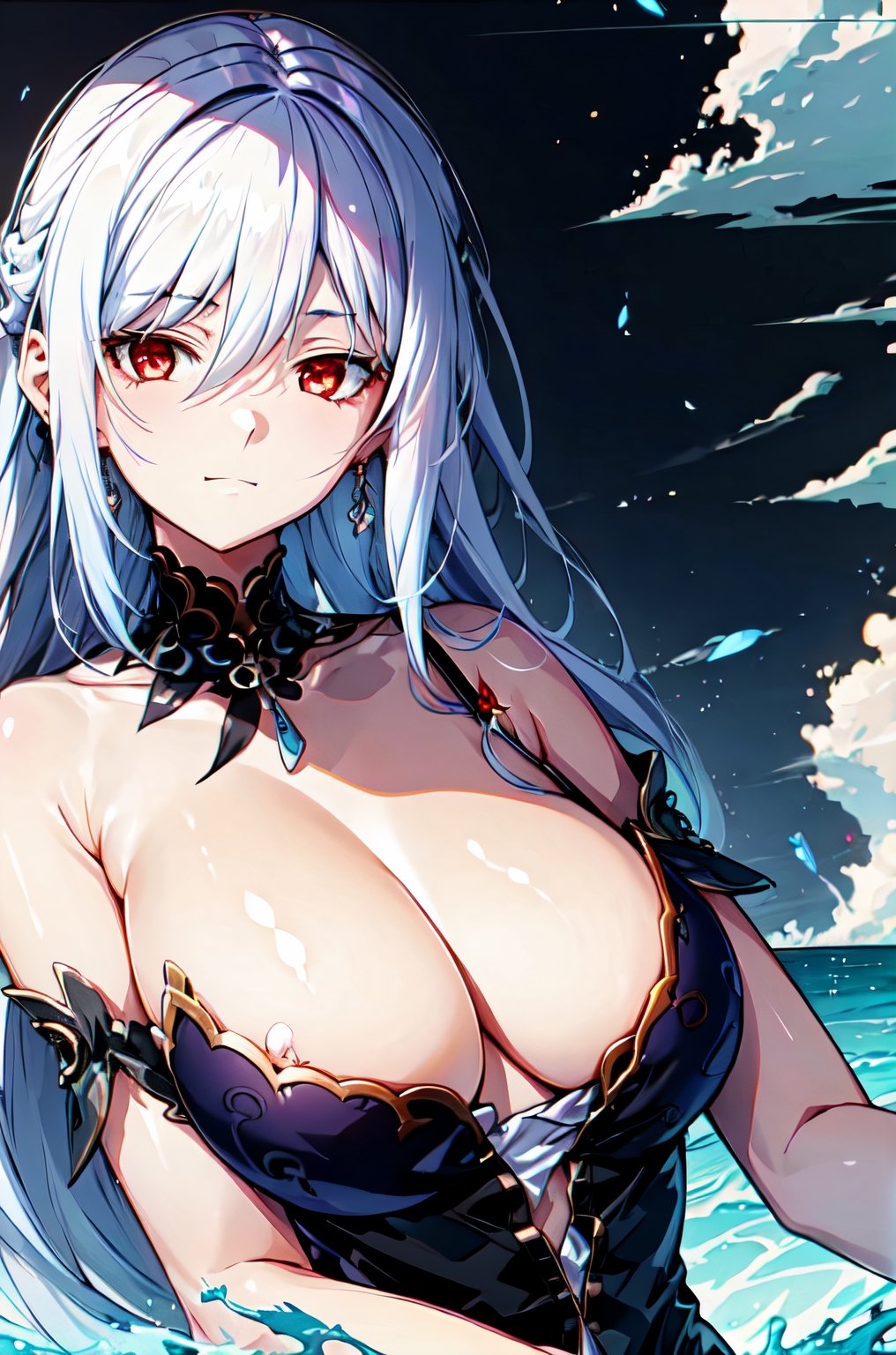 Super small black swimsuit, big breasts, looming, solo, cleavage, 1girl, upper body, highest quality, sea, black eyeband, holding a child with white hair and red eyes