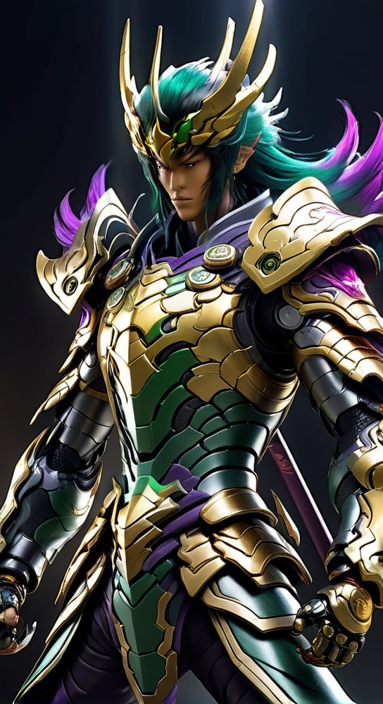 Shun character from Fenix Knights of the Zodiac agile angry, powerful figure wearing futuristic black and Green Hair, purple and pinkBronze Knights of the Zodiac armor and weapons, reflection mapping, realistic figure, hyper-detailed cinematic lighting photography, 32k uhd with a golden staff, lighting rgb in suit,
By: panchovilla,mecha