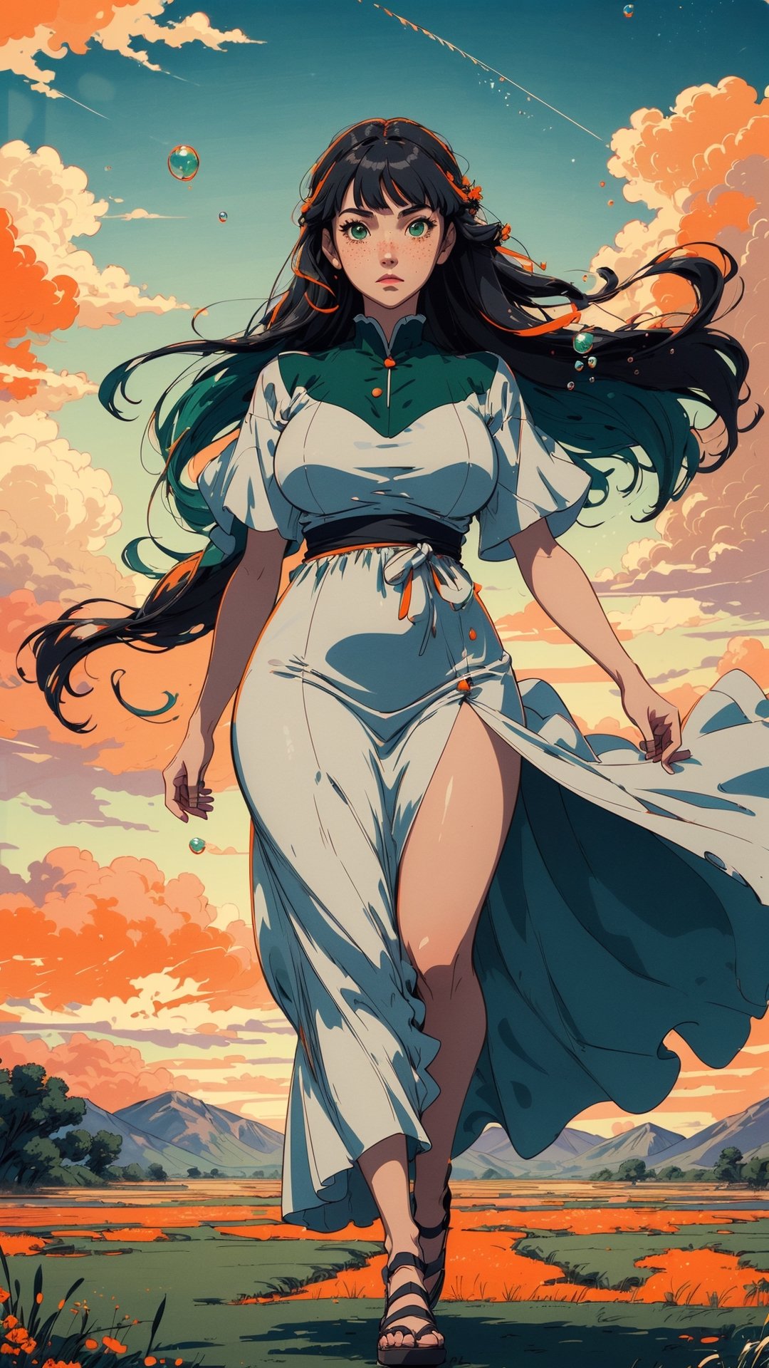 ((masterpiece)), (best quality), (cinematic), a woman in a long white dress, running through an open field, long black hair, bangs, chubby, wide hips, full body, green eyes, freckles on cheeks, wind, detailed face, detailed body, red and orange sky, glow, clouds, vegetation, green plains, floating bubbles, (cinematic, colorful), vast field, (extremely detailed), inspired by Studio Ghibli, EpicSky, cloud, sky, highly detailed, detailed face