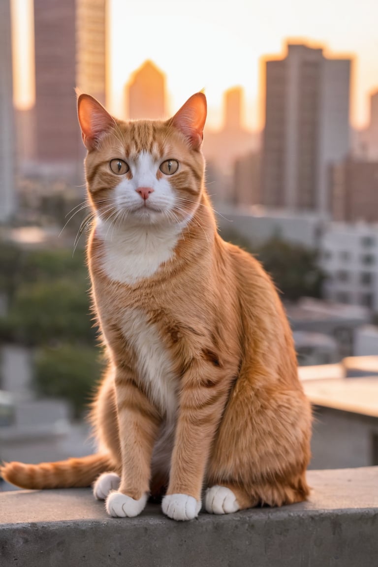 1cat, orange cat, sitting, looking_at_viewer, outdoor, city, sunrise, photography 