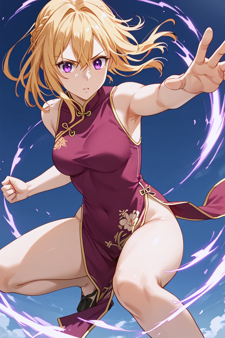 1girl, violet evergarden, aave, golden hair, Chinese dress, fighting pose