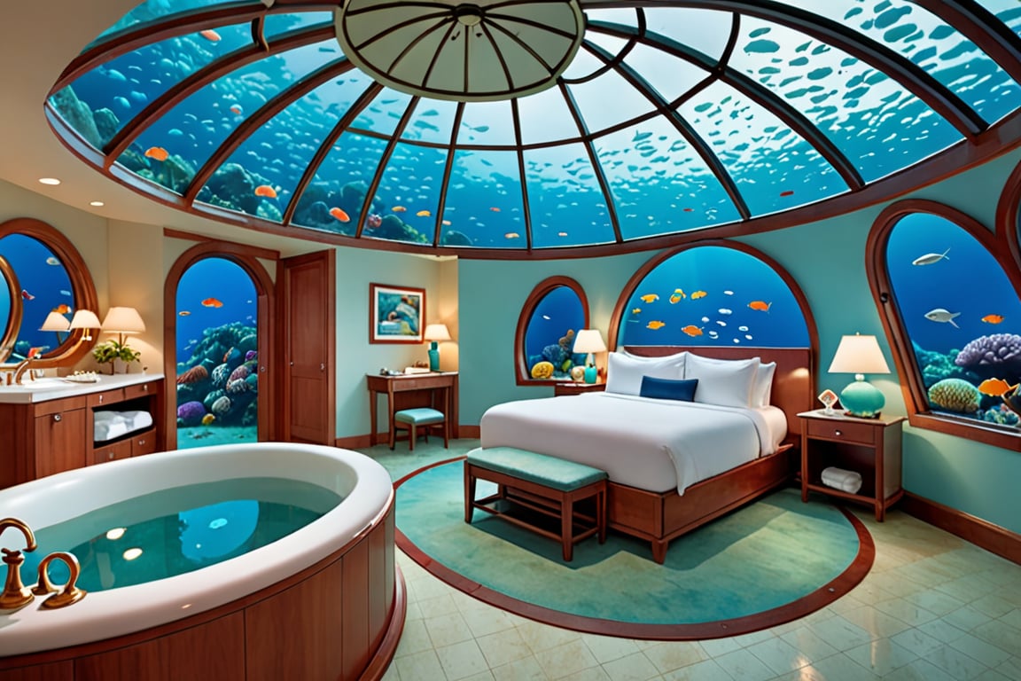 A suite, under sea, glass dome, bed, bathtub 