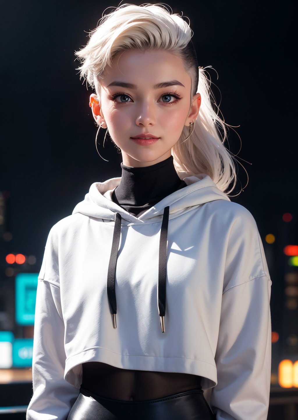 edgNoire,upper body shot,female, woman wearing casual hoodie with logos, sleek designer bodysuit, (cyber leggings:1.1) ,cyberpunk scene,a 15 yo skater girl, white hair,long hair,Wavy hair, (hi-top fade:1.3), dark theme, neon cyberpunk aesthetic, soothing tones, muted colors, high contrast, (natural skin texture, hyperrealism, soft light, sharp),light smile,(cute face),natural beauty, russian, oval jaw,portrait, teenager, photograph, sweet facts, delicate features, beautiful face, long bangs, ponytail, detailed big eyes, soft skin, natural make-up, kawaii theme, cold light,((best quality))