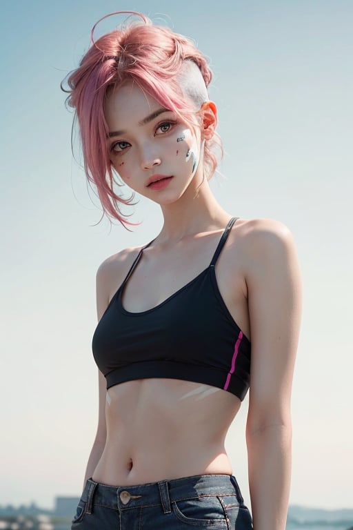 a cute 18 yo woman, pink hair, big eyes, wearing bikini on top, ((cut face)), girl possing, (hi-top fade:1.3), dark theme, soothing tones, muted colors, high contrast, real life, ((natural skin texture, hyperrealism, soft light, sharp)), (skinny, wearing shorts)