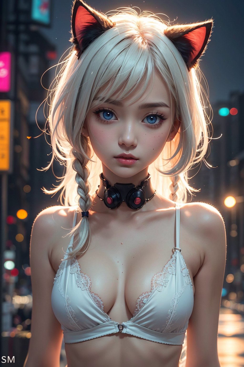 masterpiece,best_quality,cute_15_yo_girl,upper_body,splashing,abstract,psychedelic,neon,(honeycomb pattern), (creative:1.3),sy3,SMM,fantasy00d,hands_model,cyberpunk, ,asian_girl,r1ge,dreadlocked_white_hair,cat_ears,girl_possing,(small_breast),(skinny),perfect_face,ore_no_imouto_ga_konnani_kawaii_wake_ga_nai,((small breasts)), ((innocent)), (freckles:0.6), intricate details, highly detailed, sharp focus, professional, 4k, god rays, stunning blue eyes, petite, delicate, innocent, highres, detailed facial features, high detail, sharp focus, smooth, aesthetic,long_bangs