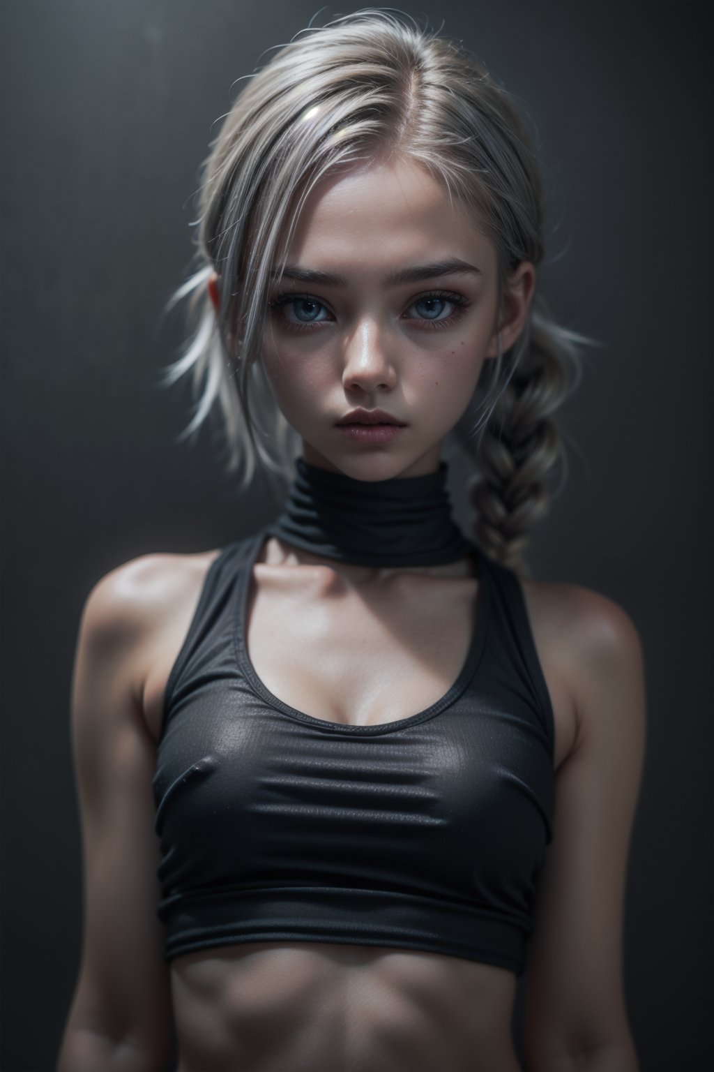 Protrait, 15 years old girl, cute russian teenager, half_upper_body, emma_myers, oval jaw, delicate features, beautiful face, closed_mouth, natural make-up, pale skin, dreadlocked silver hair, long bangs, long ponytail, bright dark eyes, big eyes, skinny, little breasts, little girl, she is wearing a white tank-top, smooth grey background, dark theme, profesional photography,perfect eyes, eyecontact,fantasy_princess,KnollingCaseQuiron style,westworld,MetalAI,perfecteyes