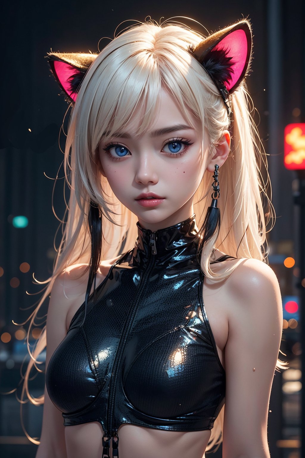 masterpiece,best_quality,cute_15_yo_girl,upper_body,splashing,abstract,psychedelic,neon,(honeycomb pattern), (creative:1.3),sy3,SMM,fantasy00d,hands_model,cyberpunk, ,asian_girl,r1ge,dreadlocked_white_hair,cat_ears,girl_possing,(small_breast),(skinny),perfect_face,ore_no_imouto_ga_konnani_kawaii_wake_ga_nai,((small breasts)), ((innocent)), (freckles:0.6), intricate details, highly detailed, sharp focus, professional, 4k, god rays, stunning blue eyes, petite, delicate, innocent, highres, detailed facial features, high detail, sharp focus, smooth, aesthetic,long_bangs