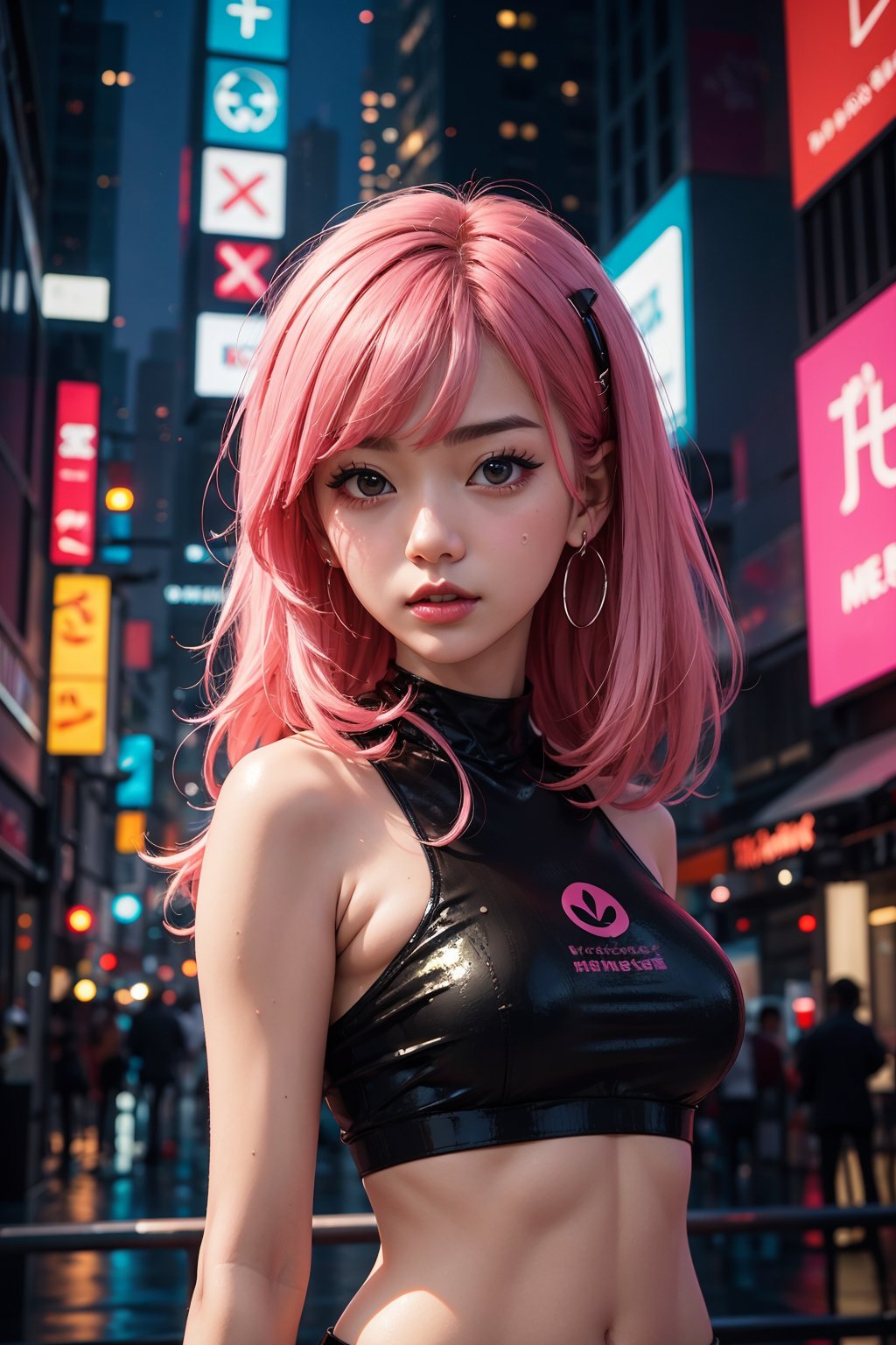 masterpiece, best quality, 15 yo girl, upper body, splashing, abstract, psychedelic, neon, (honeycomb pattern), (creative:1.3), sy3, SMM, fantasy00d, hands behind back, cyberpunk, ,asian girl,r1ge, pink hair, ore_no_imouto_ga_konnani_kawaii_wake_ga_nai