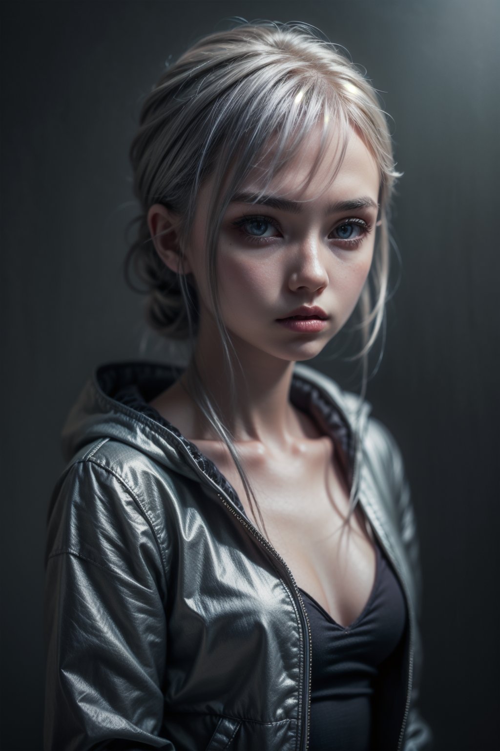 Protrait, 15 years old girl, cute russian teenager, half_upper_body, emma_myers, oval jaw, delicate features, beautiful face, closed_mouth, natural make-up, pale skin, dreadlocked (silver hair), long bangs, long ponytail, bright dark eyes, big eyes, skinny, little breasts, little girl, she is wearing a pink casual hoodie_jacket, smooth grey background, dark theme, profesional photography,perfect eyes, eyecontact,fantasy_princess,KnollingCaseQuiron style,westworld,MetalAI,perfecteyes