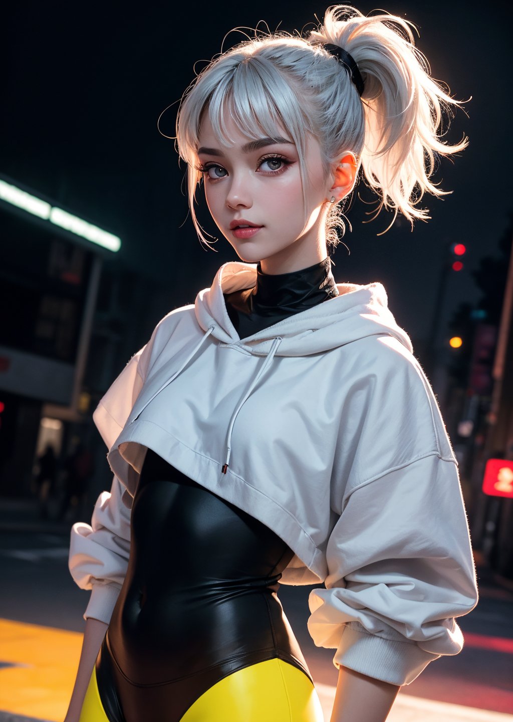 edgNoire,upper body shot,female,((full body)), woman wearing casual hoodie with logos, sleek designer bodysuit, shorts, (cyber leggings:1.1), sneakers,cyberpunk scene,a 15 yo skater girl, white hair,long hair,Wavy hair, (hi-top fade:1.3), dark theme, neon cyberpunk aesthetic, soothing tones, muted colors, high contrast, (natural skin texture, hyperrealism, soft light, sharp),light smile,(cute face),natural beauty, russian, oval jaw,portrait, teenager, photograph, sweet facts, delicate features, beautiful face, long bangs, ponytail, detailed big eyes, soft skin, natural make-up, kawaii theme, cold light,((best quality))