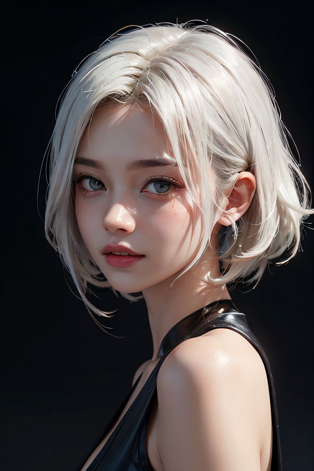 a 15 yo skater girl, white hair,long hair,Wavy hair, (hi-top fade:1.3), dark theme, neon cyberpunk aesthetic, soothing tones, muted colors, high contrast, (natural skin texture, hyperrealism, soft light, sharp),light smile,(cute face),big eyes, natural beauty, russian, oval jaw