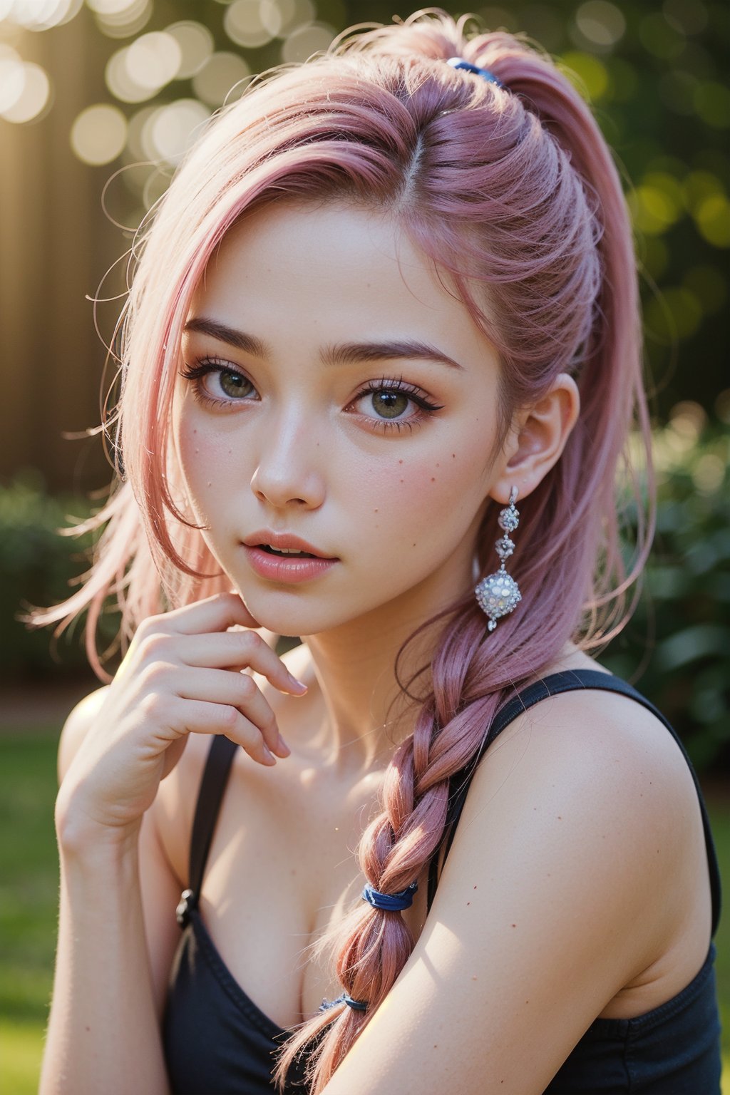 teenager, photograph, sweet facts, skinny, oval jaw, delicate features, beautiful face, dreadlocked pink hair, long bangs, ponytail, detailed big eyes, soft skin, natural make-up, kawaii theme, cold light