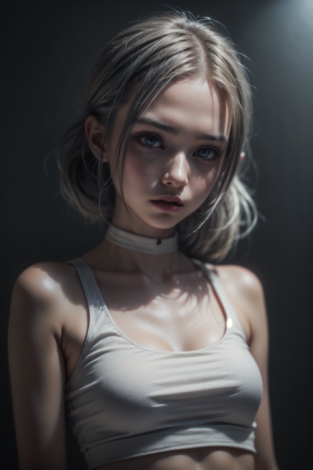 Protrait, 15 years old girl, cute russian teenager, half_upper_body, emma_myers, oval jaw, delicate features, beautiful face, closed_mouth, natural make-up, pale skin, dreadlocked silver hair, long bangs, long ponytail, bright dark eyes, big eyes, skinny, little breasts, little girl, she is wearing a white tank-top, smooth grey background, dark theme, profesional photography,perfect eyes, eyecontact,fantasy_princess,KnollingCaseQuiron style,westworld,MetalAI