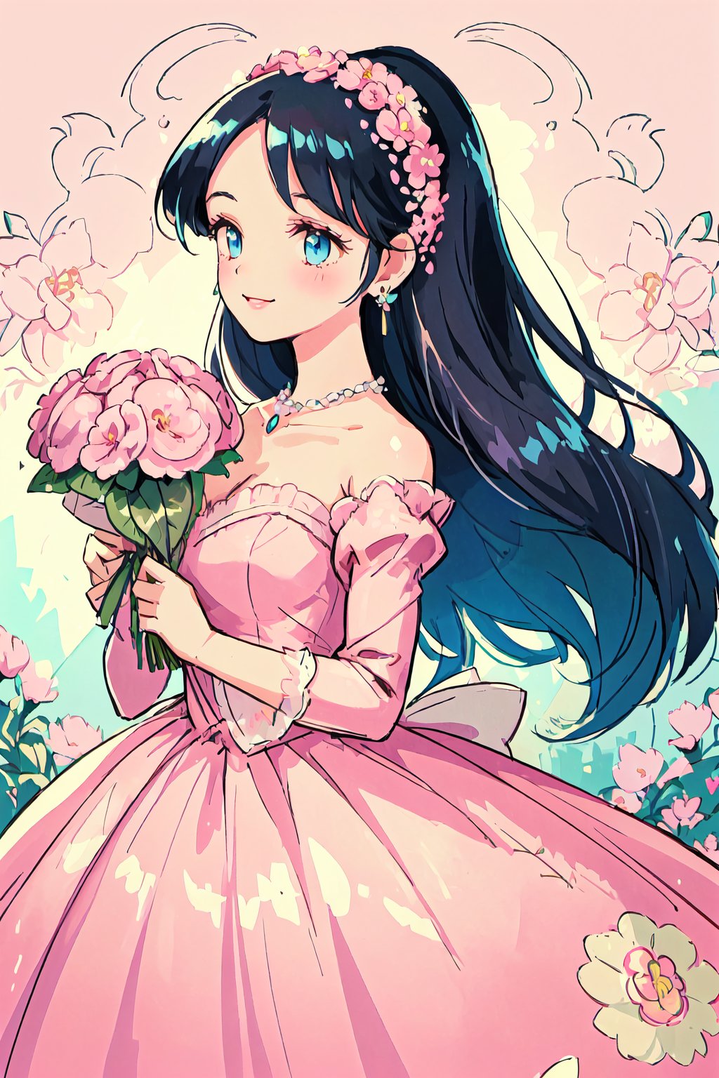 (best quality:1.2), (hyper detailed)
blue eyes, black hair, long hair,(parted bangs:1.2),(slicked back:0.8), smile,

Style - Retro Charm and Floral Delight

Background - Vintage Floral Patterns and Soft Pink Hues

Subject - Lovely and Cute Character with a Retro Flair

View - Playful Scene in a Nostalgic Garden

Appearance - Adorned in a Pink Retro Dress with Flower Accents

Outfit - Vintage Accessories, Flower-shaped Earrings

Pose - Holding a Bouquet of Flowers

Details - Flowing Gown with Celestial Accents

Effects - Soft Pink Glow and Retro Vibe

Description - Step into a world of "Retro Charm and Floral Delight" with this lovely character. Her appearance exudes a sense of nostalgia and elegance, as she stands amidst vintage floral patterns and soft pink hues. Adorned in a pink retro dress with delicate flower accents, she radiates a playful and enchanting aura. Her outfit is completed with vintage accessories, including flower-shaped earrings that add a touch of whimsy to her look. In a graceful pose, she holds a bouquet of flowers, creating a timeless and heartwarming scene. The soft pink glow surrounding her adds to the retro vibe, transporting you to a bygone era. With her captivating charm and floral elegance, this character embodies the essence of retro beauty and creates an atmosphere that is both enchanting and delightful.