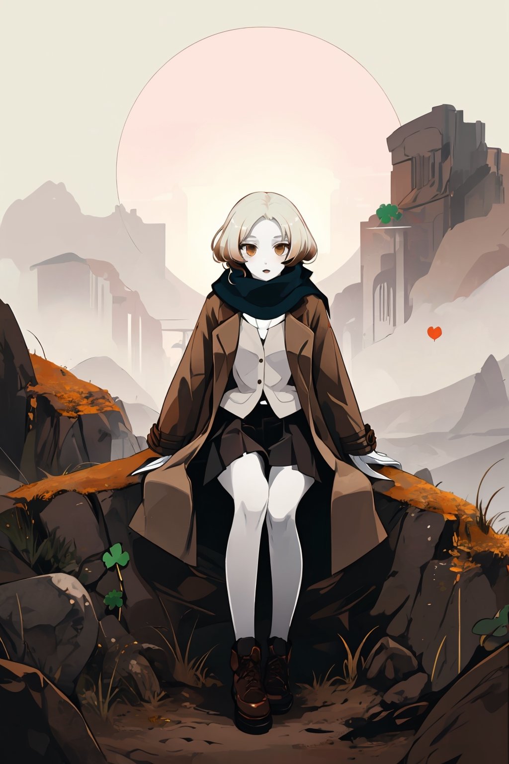 (best quality:1.2), (hyper detailed),

petite, minigirl, pale skin, platinum blonde hair, hazel eyes, scarf, skirt, four-leaf clover, irish, trench coat, brown coat,